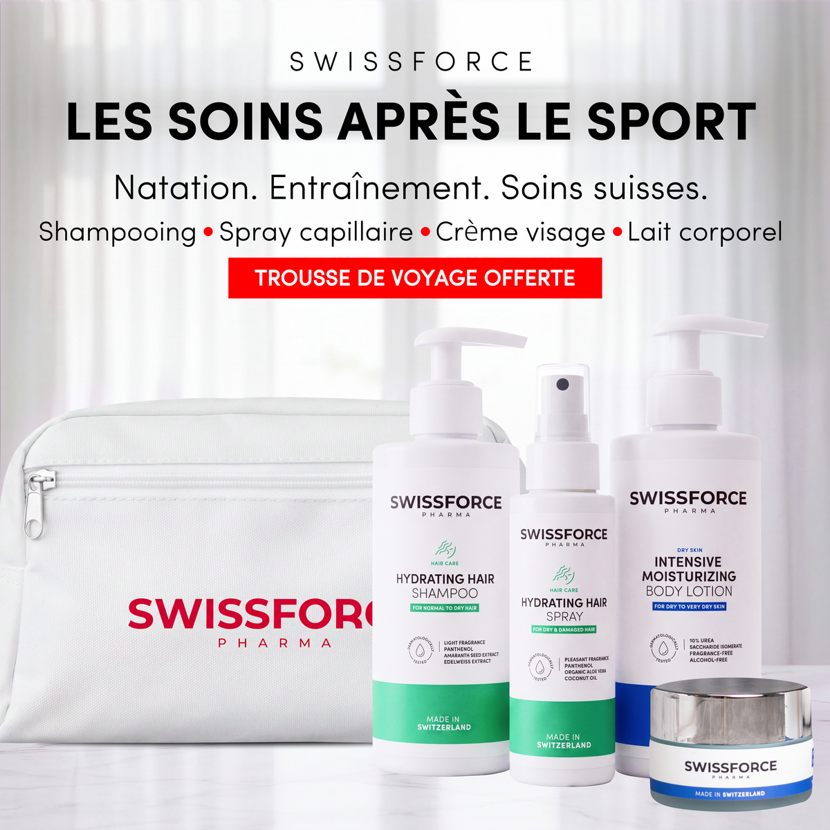 SWISSFORCE återhämtningskit efter träning — med en GRATIS resväska