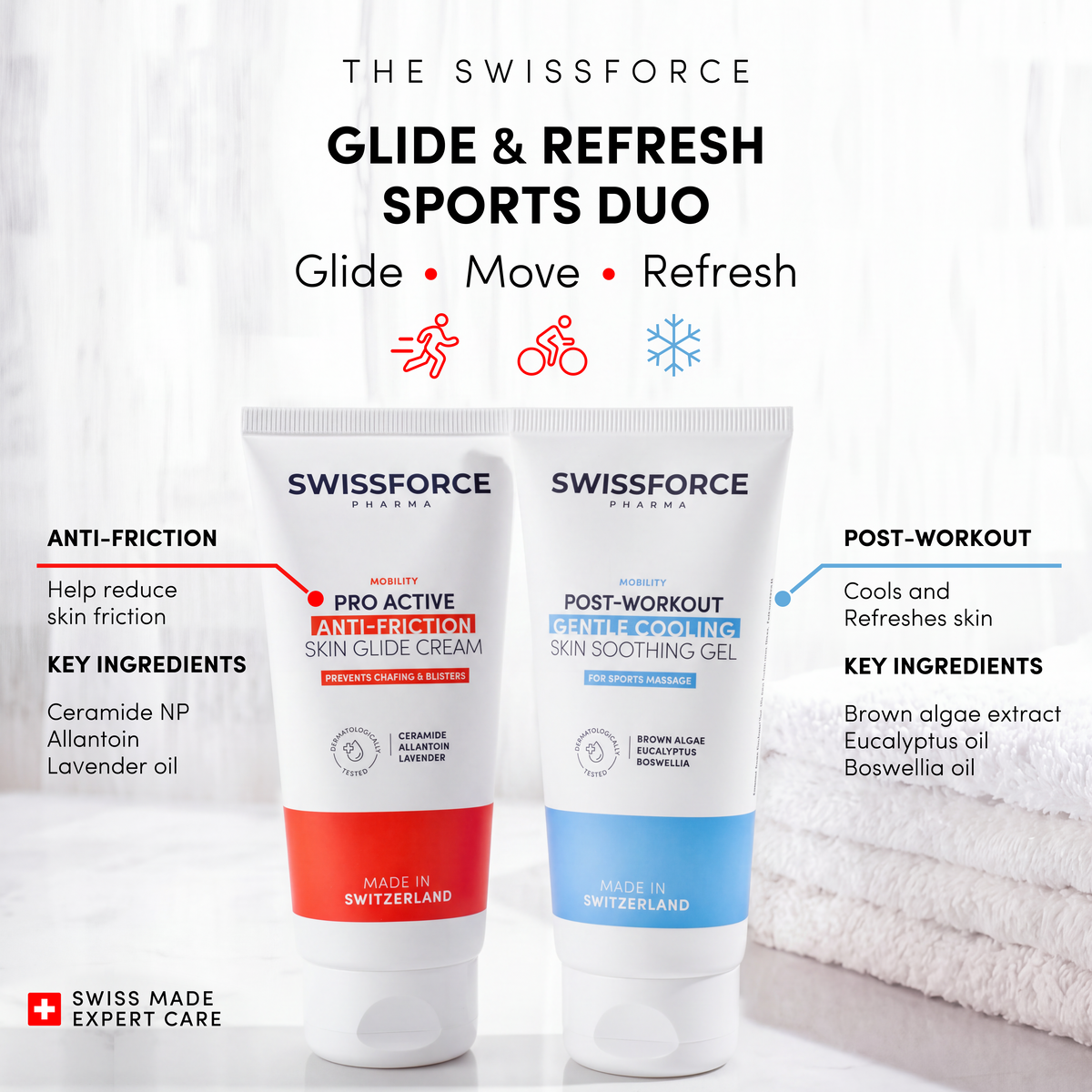 El dúo deportivo SWISSFORCE de deslizamiento y frescor