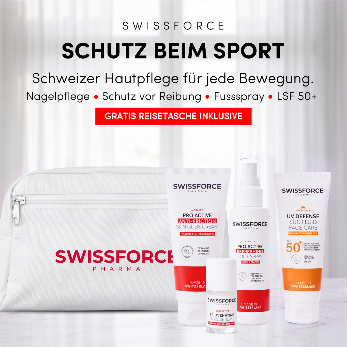 SWISSFORCE skyddskit för sport — med en GRATIS resväska