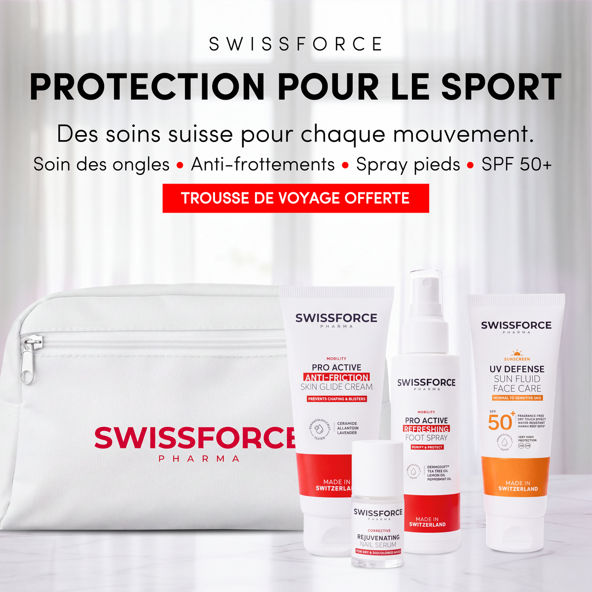 SWISSFORCE skyddskit för sport — med en GRATIS resväska