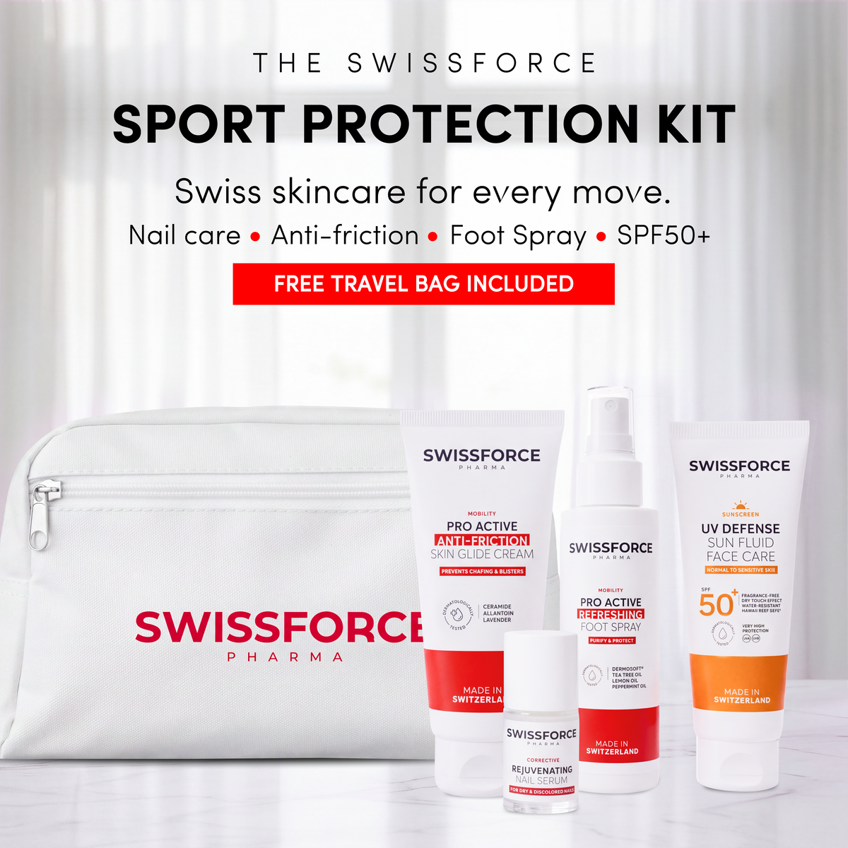 Il kit SWISSFORCE per la protezione sportiva - con borsa da viaggio GRATUITA